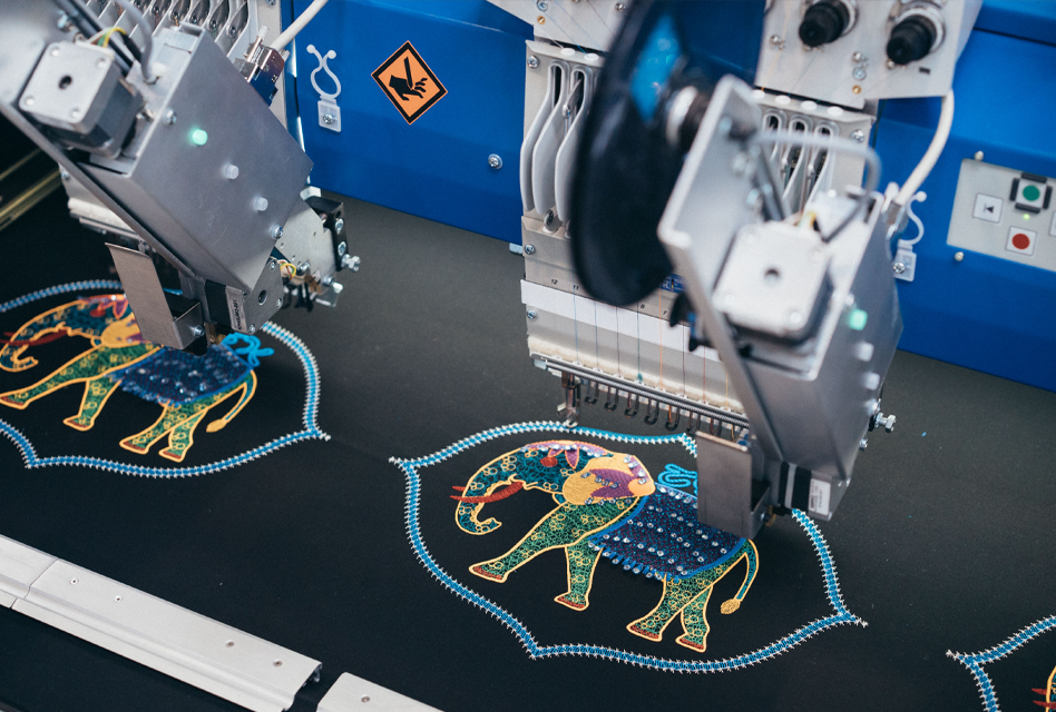 ZSK industrial embroidery machine customisation including sequins, hot air cutting, cording and beading