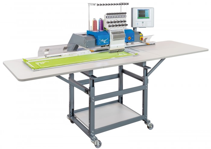 Industrial embroidery machine in action